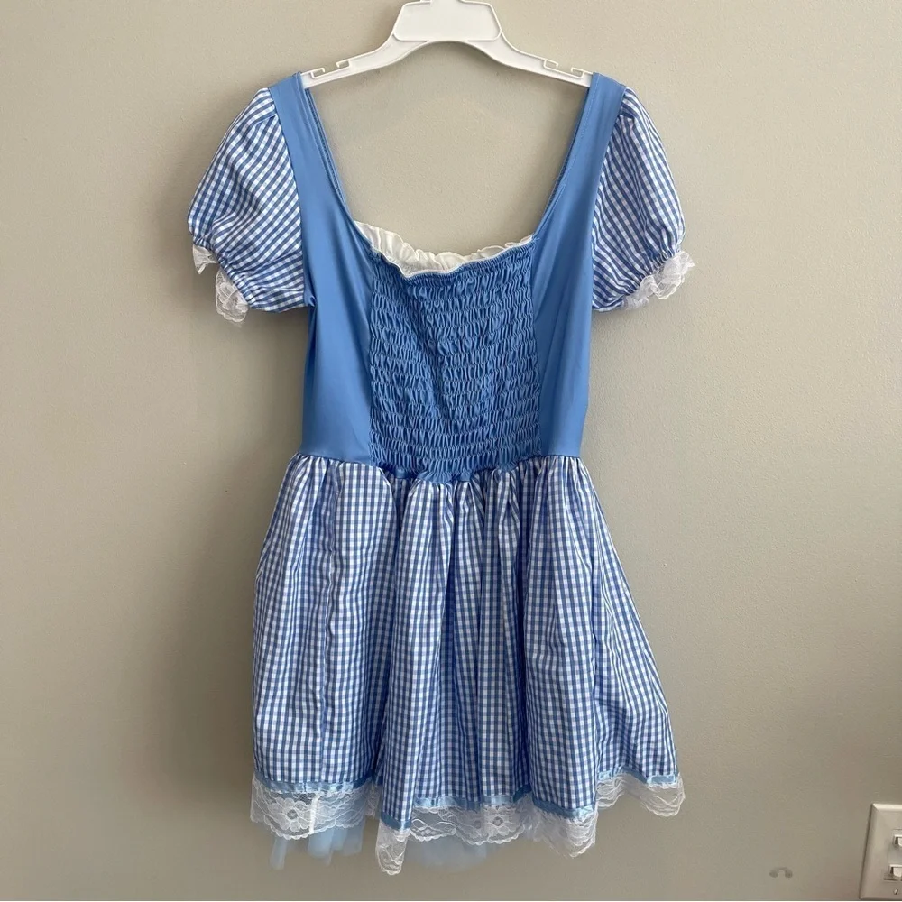 Halloween Cosplay Dress Dorothy Blue Gingham Mini Dress Square Neck Lace Sz S